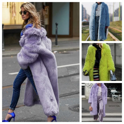 Women’s thick faux fur maxi coat in vibrant colors – long warm luxury winter jacket