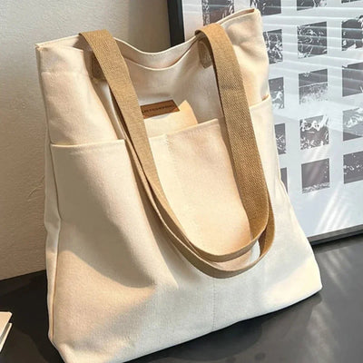 Women’s large canvas tote bag – beige commuter handbag with durable sewing thread design