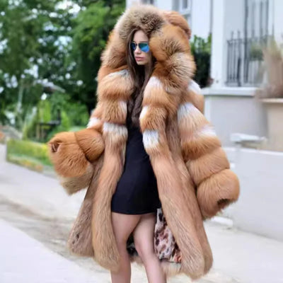 Women’s hooded faux fur long coat in brown with oversized hood – 2025 luxury plush winter jacket