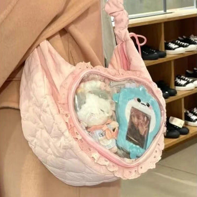 Pink kawaii Ita bag with heart-shaped transparent window, pleated quilted design, Lolita JK ballet-style handbag for women