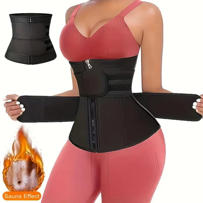 Women’s black waist trainer belt with adjustable straps for fitness, body shaping, and sauna effect