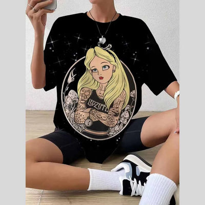 Women’s black T-shirt with tattooed fairy tale princess cartoon print – summer casual style