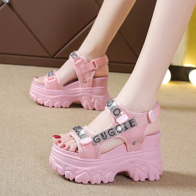 Women’s pink luxury platform sandals – thick sole wedge summer shoes with embellished straps