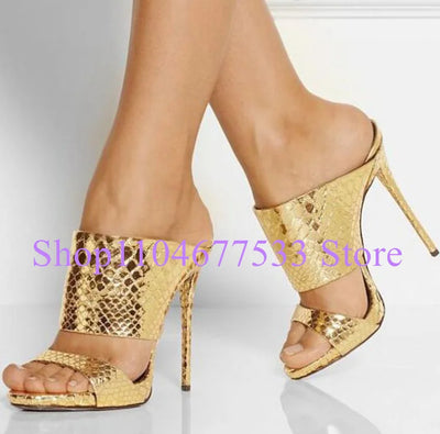 Women’s champagne gold stiletto heel sandals with snakeskin texture – luxury high heels