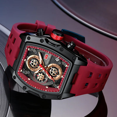 MINI FOCUS men’s red silicone strap luxury chronograph watch with waterproof design