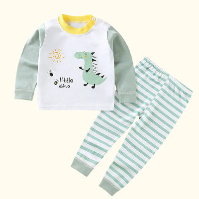 Little Dino cartoon kids pajama set – long sleeve dinosaur top and striped pants sleepwear for boys and girls
