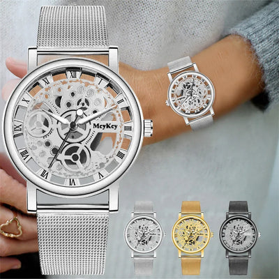 Fashion women’s skeleton quartz watch with hollow dial and silver metal mesh strap