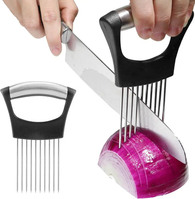 Hand using stainless steel onion slicer holder to cut onion evenly with a knife