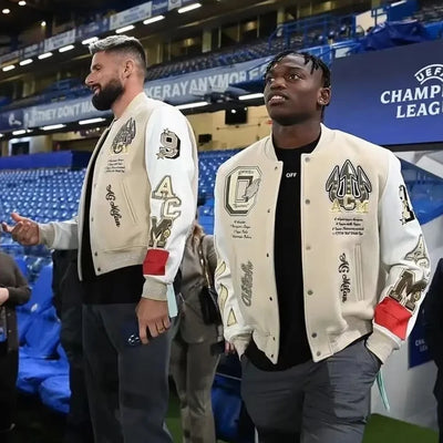 Men wearing rhinestone embroidered hip-hop jackets with American letter patch design 🧥✨