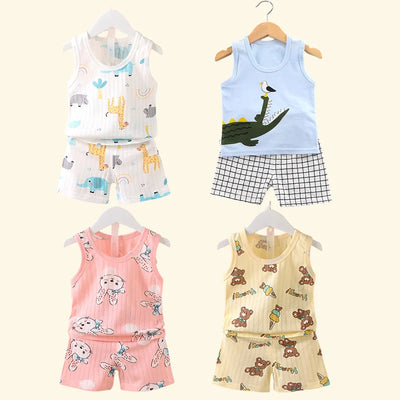 Children’s summer sleeveless cotton vest and shorts set with cute cartoon animal prints for toddlers and kids
