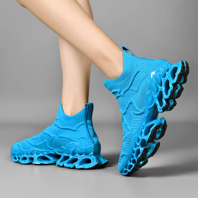 Blue women’s breathable mesh sneakers with unique hollow rubber sole, lightweight casual walking and gym shoes