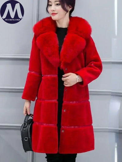 Women’s red faux fur coat with imitation fox hair collar – elegant slim fit winter jacket