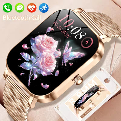Gold women’s smartwatch with rose and butterfly display, waterproof, Bluetooth call, fitness tracking, and heart rate monitoring