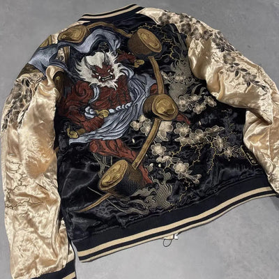 Men's Japanese Sukajan bomber jacket with gothic demon and floral embroidery 🐉🖤