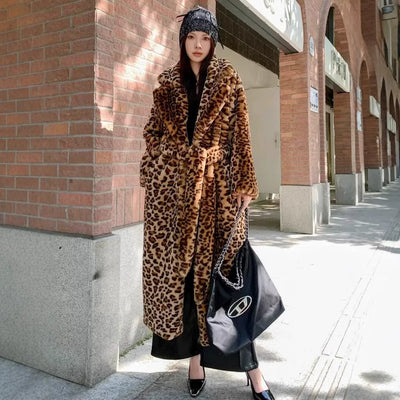 Women’s leopard faux fur long coat with turn-down collar and belted waist – thick warm maxi winter jacket
