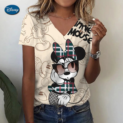 Women’s Minnie Mouse V-neck T-shirt with plaid bow and cartoon print in beige color