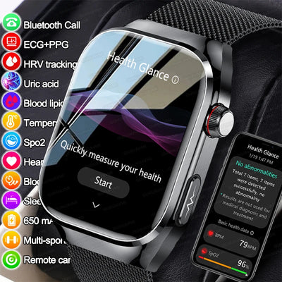 Black men’s smartwatch with ECG+PPG, uric acid monitoring, body fat analysis, Bluetooth calling, and multi-sport tracking