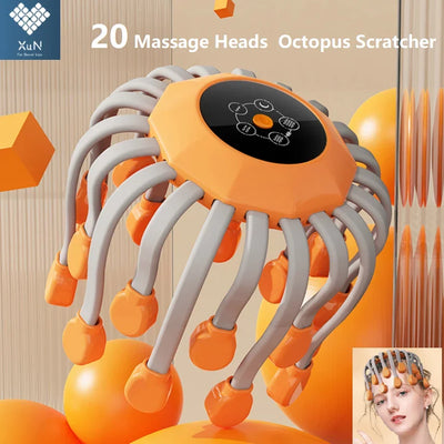 20-head orange octopus scalp massager with red light therapy for stress relief, relaxation, and migraine care