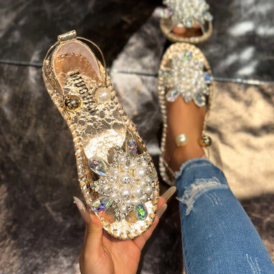 Women’s pearl and crystal embellished open toe sandals with gold sole, luxury summer flat designer shoes
