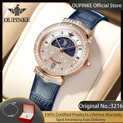 OUPINKE 3216 luxury women’s watch with Swiss Quartz movement, diamond starry sky dial, moon phase design, and blue leather strap