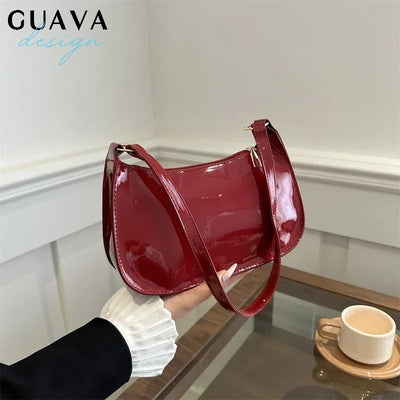 Red retro glossy PU leather underarm shoulder bag – women’s vintage fashion handbag 2025