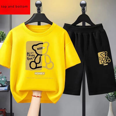 Kids summer 2-piece outfit with yellow bear print T-shirt and black shorts – casual tracksuit set for boys & girls