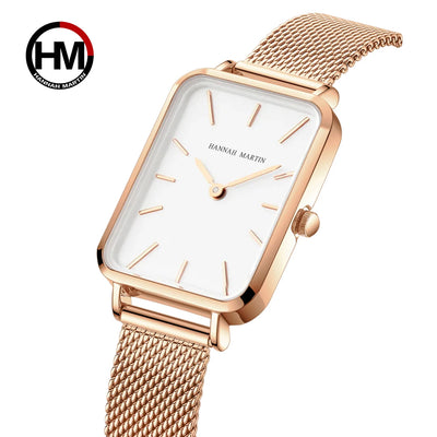 Hannah Martin women’s square rose gold watch with stainless steel mesh strap and minimalist design