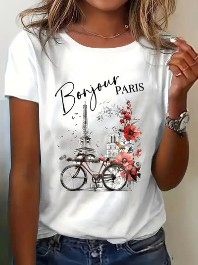 Women’s white T-shirt with Bonjour Paris text, Eiffel Tower, and floral bike print