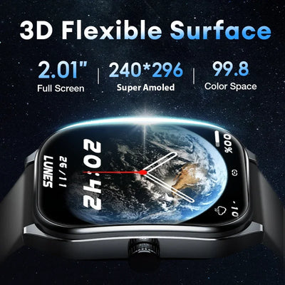 Black 2.01" AMOLED curved screen smartwatch with Bluetooth 5.3, AI voice, IP68 waterproof, and health & fitness tracking features for men