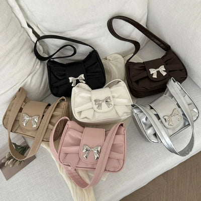 Elegant PU leather women’s shoulder bags with bow detail in black, white, pink, beige, silver, and brown