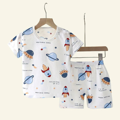 Kids cotton pajama set with rocket and planet cartoon print – short sleeve summer sleepwear for boys and girls