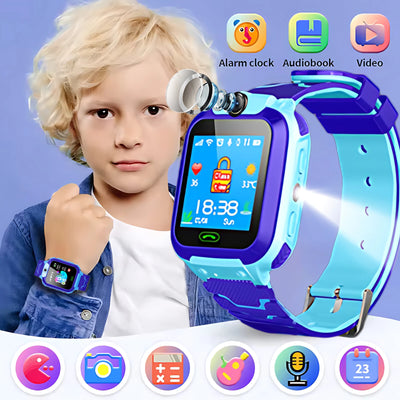 Q12B blue kids smartwatch with GPS tracking, video calling, waterproof design, camera, and SOS button