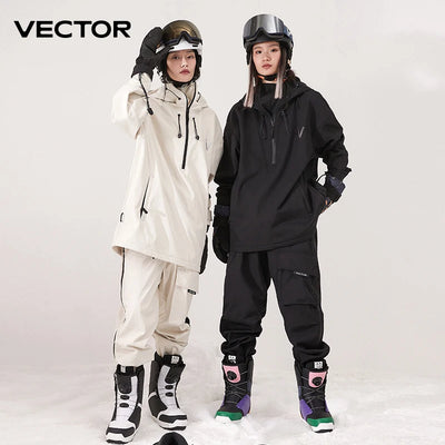 Two people wearing VECTOR unisex ski jacket and pants set, waterproof snow gear for winter sports ❄️🎿