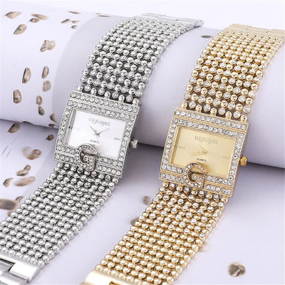 Luxury women’s square bracelet watch with full diamond bezel, quartz movement, available in gold and silver