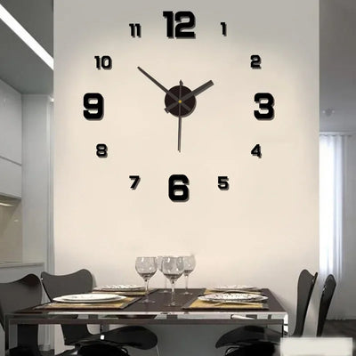 Modern frameless DIY wall clock with large 3D numbers for living room or office decoration