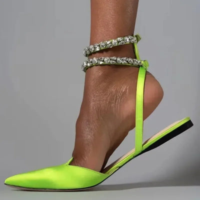 Women’s neon green pointed toe flats with crystal ankle straps – luxury summer wedding party sandals