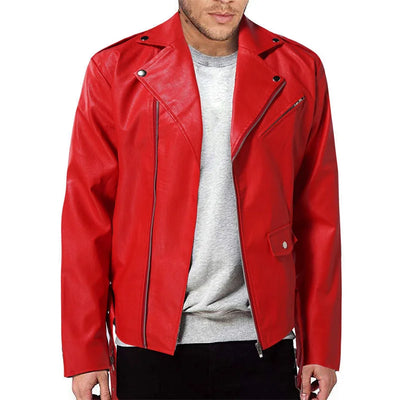 Men's red faux leather biker jacket with oblique zipper and turn-down collar 🏍️🔥