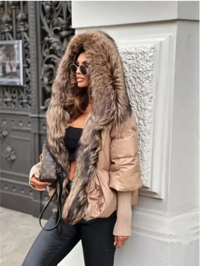 Women’s oversized duck down puffer jacket with real fox fur collar and hood – 2025 winter streetwear