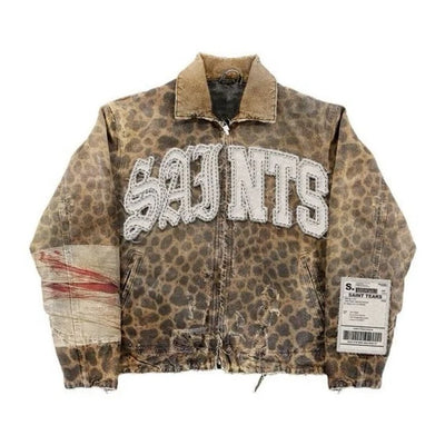 Y2K leopard camo jacket with SAINTS letter patch, distressed Harajuku streetwear style 🐆🖤