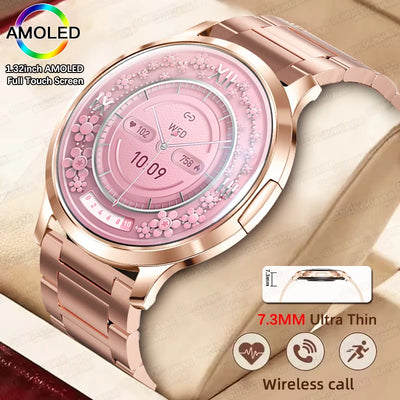 Rose gold women’s smartwatch with 1.32" AMOLED display, IP68 waterproof, and fitness health tracking features