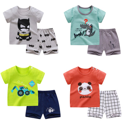 Kids cartoon summer short sleeve T-shirt and shorts set with panda, tractor, crocodile, and batman prints for toddlers and children