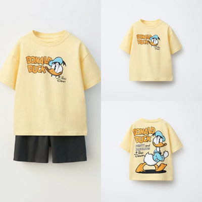 Disney Donald Duck kids summer clothing set – yellow cartoon T-shirt with shorts for boys and girls