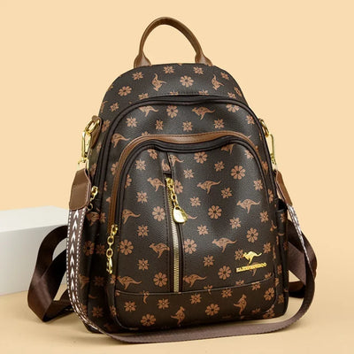 Women’s luxury soft leather backpack with floral and kangaroo print, large capacity fashion school and travel bag