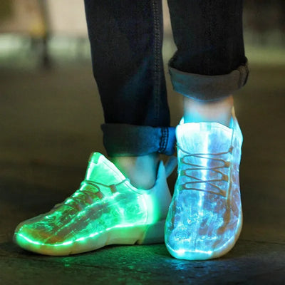 Unisex fiber-optic LED sneakers glowing in green and blue light, USB rechargeable light-up shoes for kids and adults