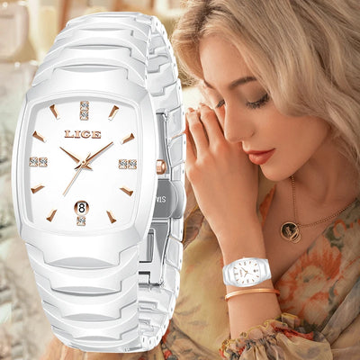 LIGE women’s white stainless steel luxury watch with diamond markers and calendar