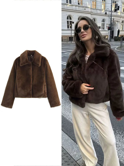 Women’s brown short faux fur winter coat with turn-down collar – TRAFZA 2025