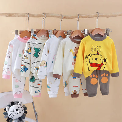 Cotton cartoon kids pajama set with long sleeve top and pants for boys and girls