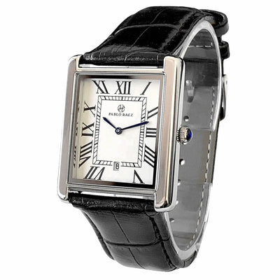 Pablo Raez men’s rectangular luxury watch with Roman numeral dial, black leather strap, and silver case