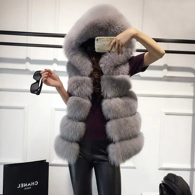 2025 Women’s gray sleeveless faux fox fur hooded vest – thick plush winter gilet