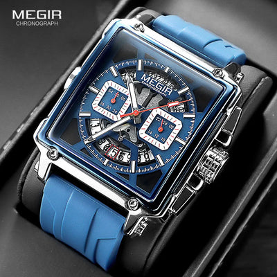 MEGIR men’s square dial blue sport chronograph watch with luminous hands and waterproof design